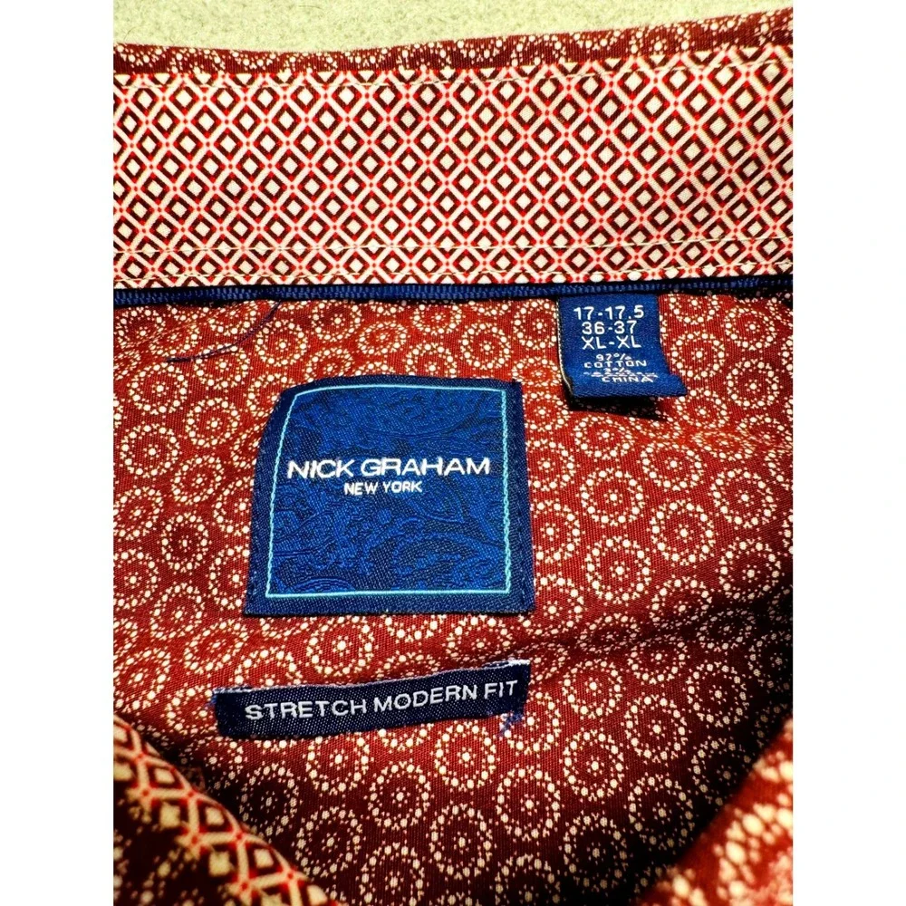 Nick Graham Stretch Modern Fit Men's XL 17-17.5 Geometric Button Shirt Burgundy